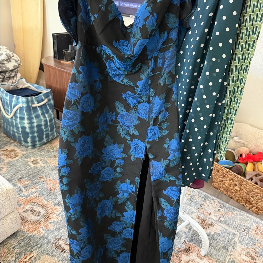 Lulu's Asymmetrical Black Dress with Blue Floral Pattern
